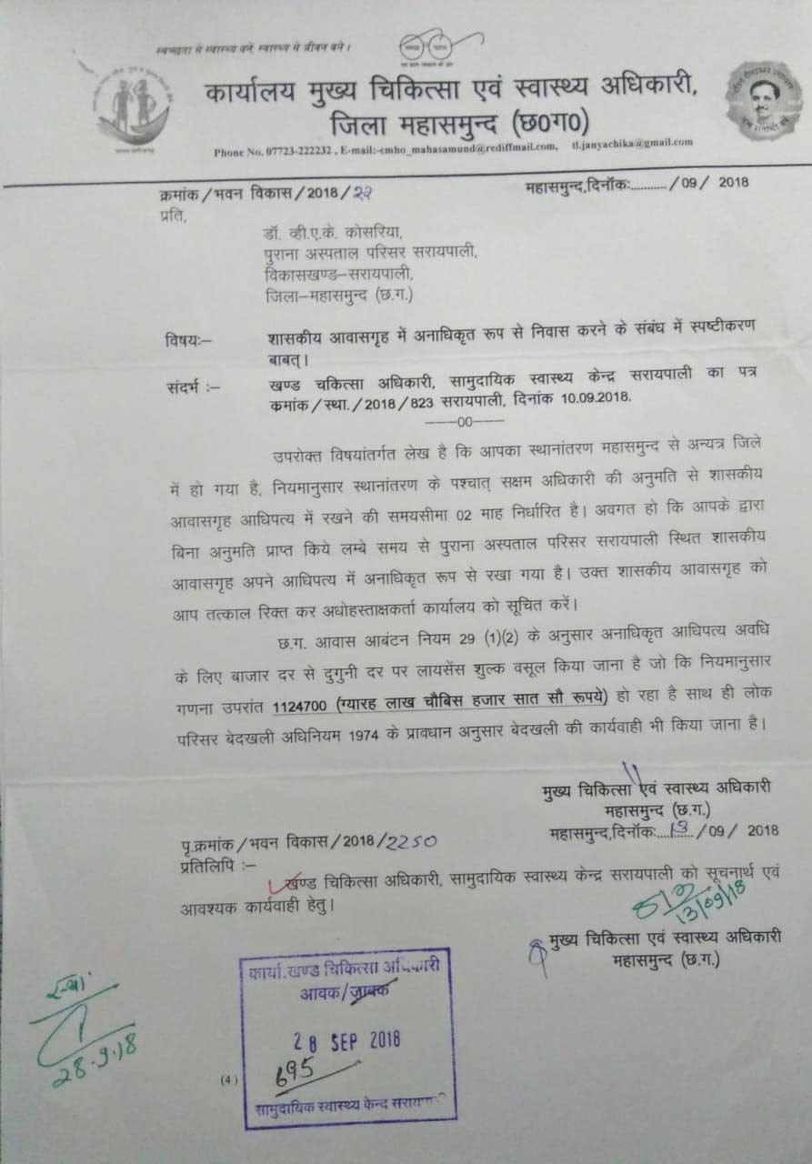 स्थान्तरण के बावजूद डॉक्टर को शासकीय आवास में निवास करना पड़ा... - CG Sandesh