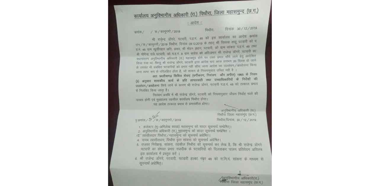 हल्के का प्रभार नही देना पड़ा महंगा, पटवारी हुआ निलंबित. - CG Sandesh