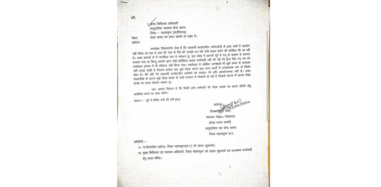 बसना स्वास्थ केंद्र में सहकर्मी के नाम पर उगाही, शिकायत के ब... - CG Sandesh