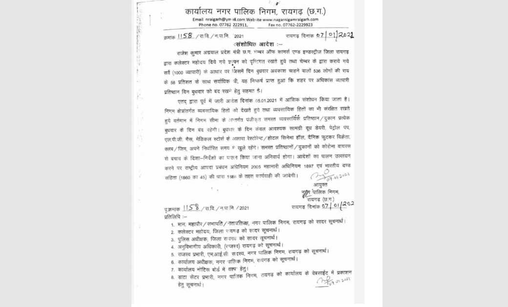रायगढ़ में बुधवार लिए संशोधित आदेश..अब बुधवार को निम्न मार्केट खुलेंगे यथावत...