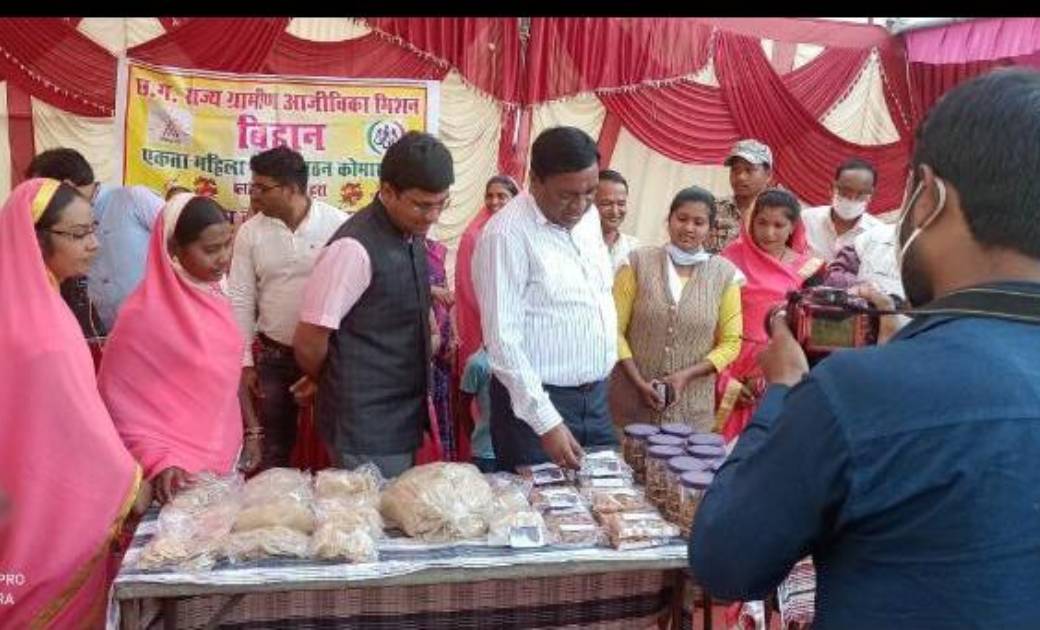 महासमुंद कलेक्टर  का बागबाहरा क्षेत्र दौरे  के दौरान कोमाखान में बिहान योजना के तहत महिला समूह ने किया आजीविका शिविर का आयोजन