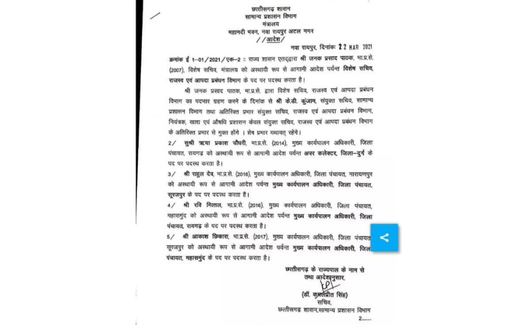 छतीसगढ़ में  आईएएस अफसरों का तबादला… रवि मित्तल होंगे रायगढ़ जिला पंचायत सीईओ...