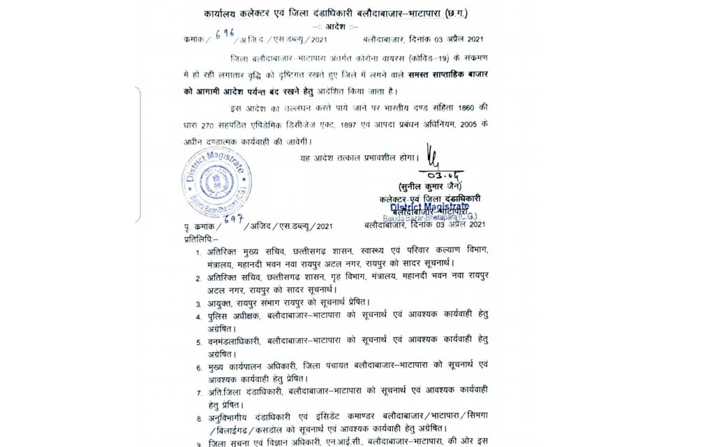कोरोना के बढ़ते संक्रमण के चलते साप्ताहिक हाट-बाजार बंद - CG Sandesh