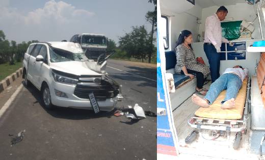पिथौरा : अचानक ब्रेक मारने से ट्रक के पीछे टकराई कार - CG Sandesh