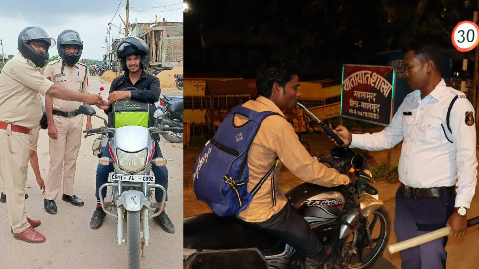 महासमुंद : शराब पीकर वाहन चलाने वालों पर कार्रवाई, हेलमेट लगाने पर पुलिस ने किया फुलो से स्वागत