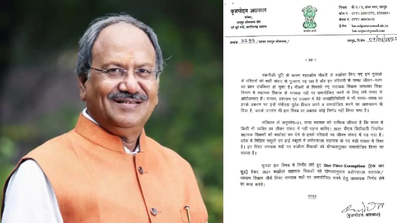 CG: बर्खास्त सहायक शिक्षकों को मिला सांसद बृजमोहन अग्रवाल का साथ, सांसद बृजमोहन अग्रवाल ने सीएम साय को लिखा पत्र.