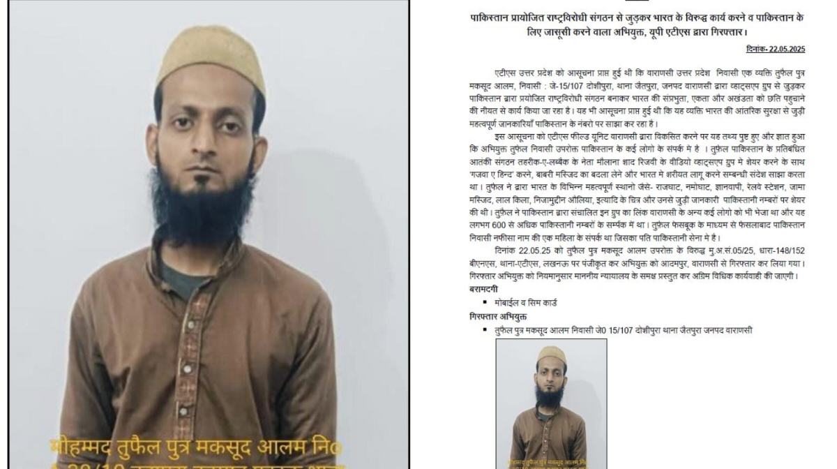 ब्रेकिंग : पाकिस्तान के लिए जासूसी करने वाला तुफैल पुत्र मकसूद आलम गिरफ्तार