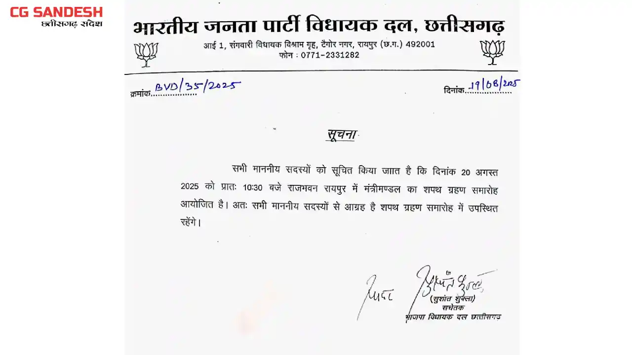 CG ब्रेकिंग : कल सुबह 10:30 बजे होगा छत्तीसगढ़ मंत्रिमंडल का... - CG Sandesh