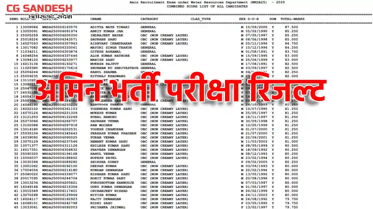अमीन भर्ती परीक्षा का रिजल्ट जारी, देखें मेरिट लिस्ट - CG Sandesh